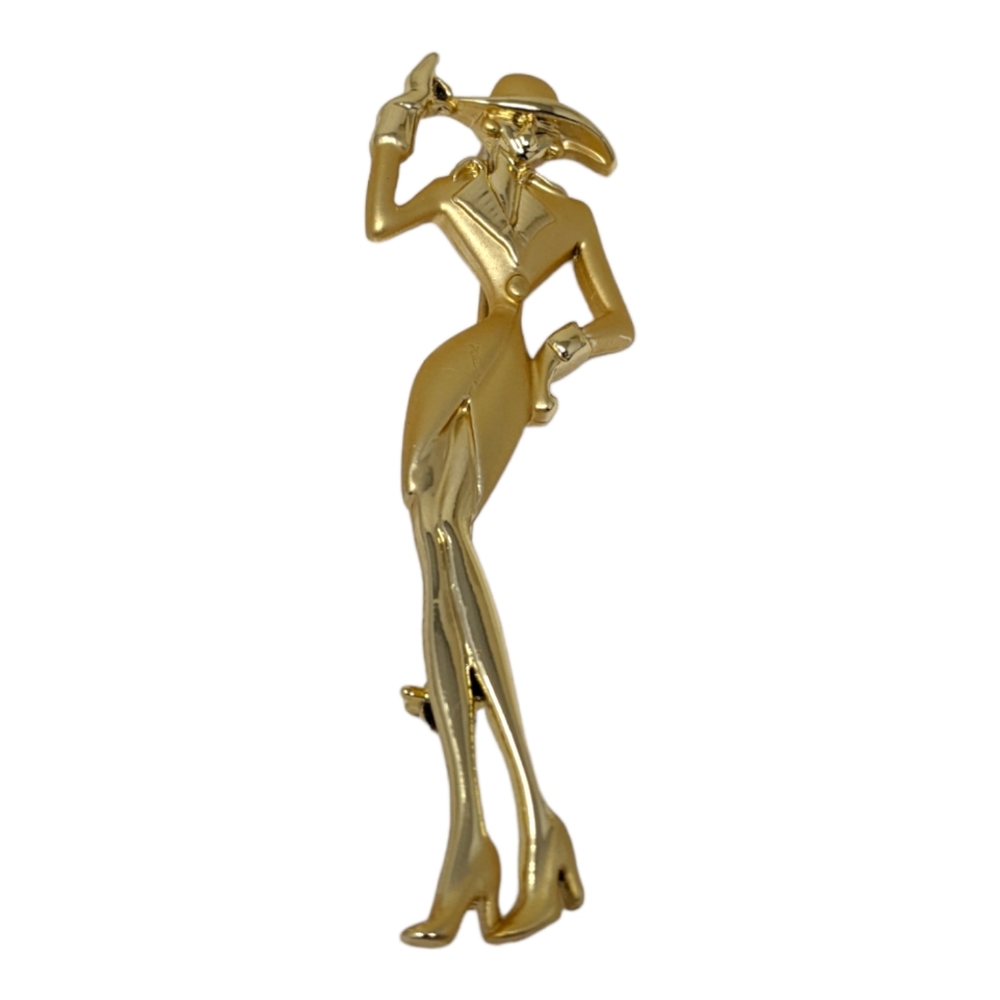 AJC Vintage Lady in Hat Gold Tone Brooch Pin Signed Shiny Brushed Tone